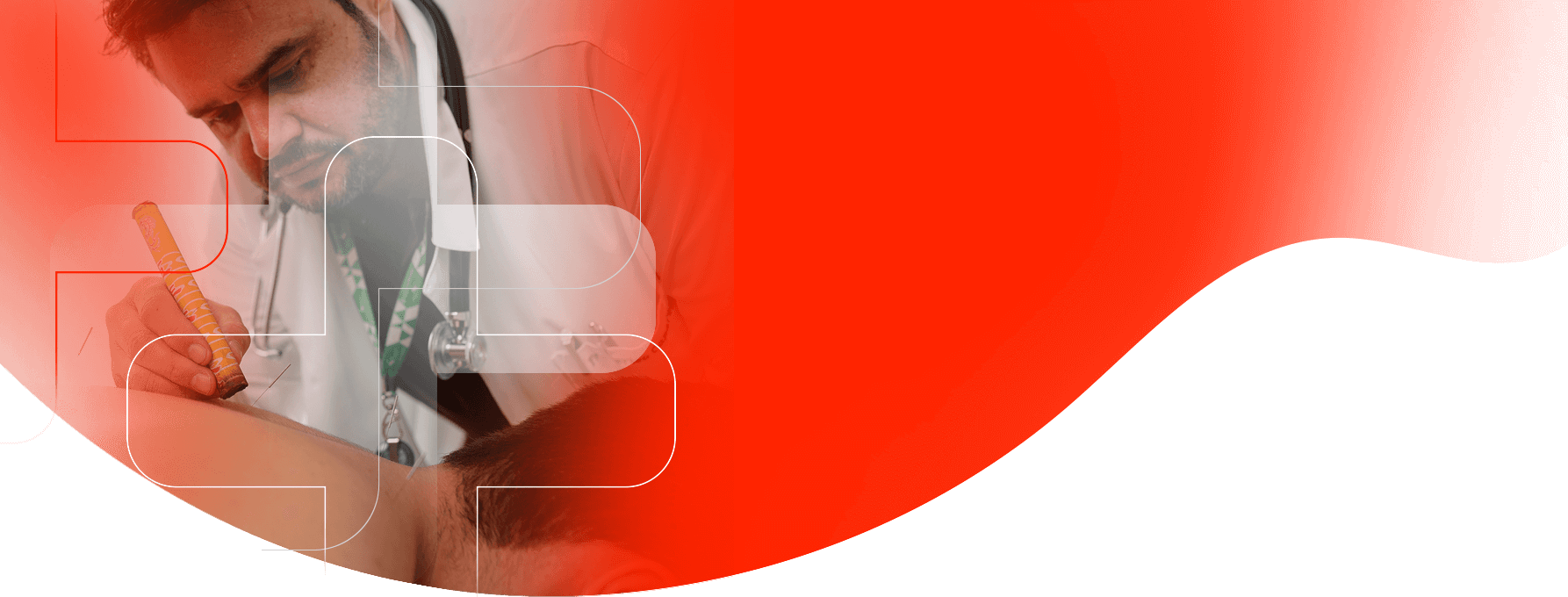 Banner escrito "Medicina Ocupacional" e foto de um médico atendendo um paciente.