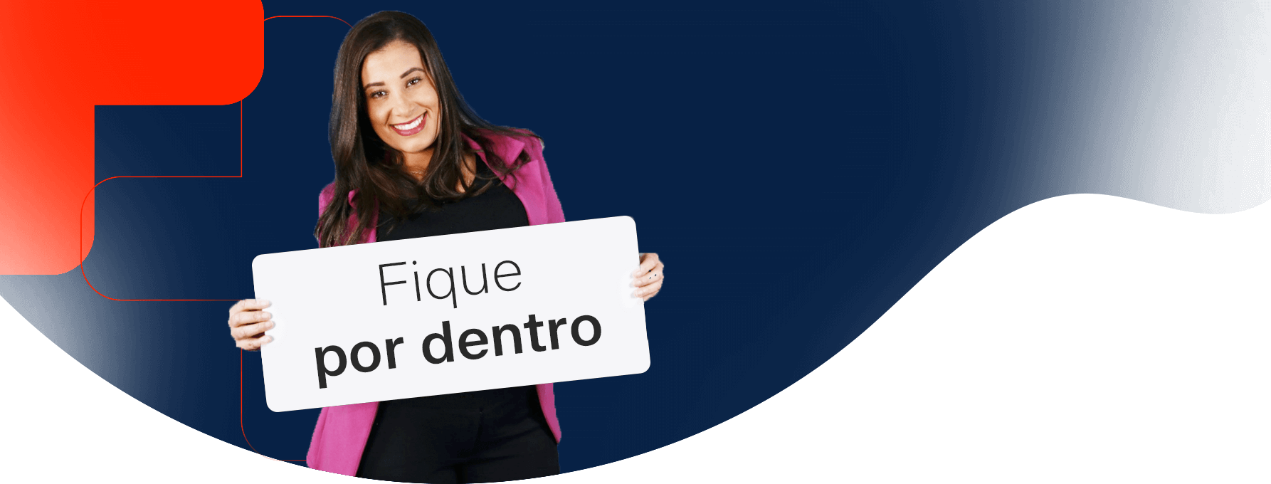 Banner com texto "Notícias" e uma mulher segurando uma placa escrito "Fique por dentro". med+ news